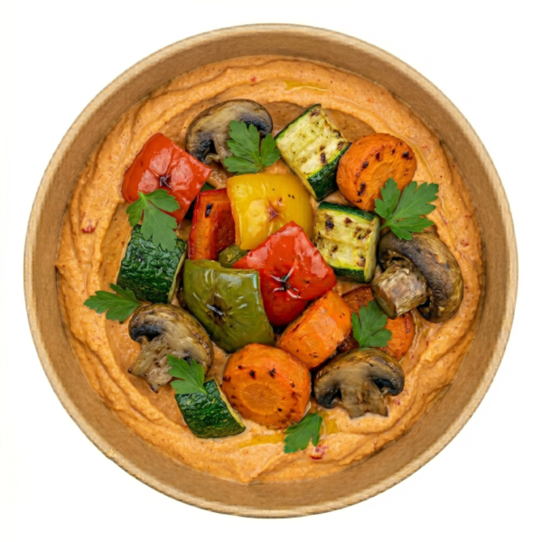 Humus cu ardei copt si salata de legume coapte